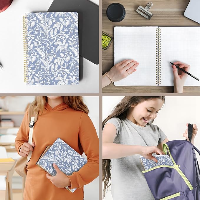 Cute Spiral Notebook journal A4 Aesthetic Pretty Design for Women Girls Kawaii with Pocket, 8.5 x 11 inch, Graph, Blue Leaves