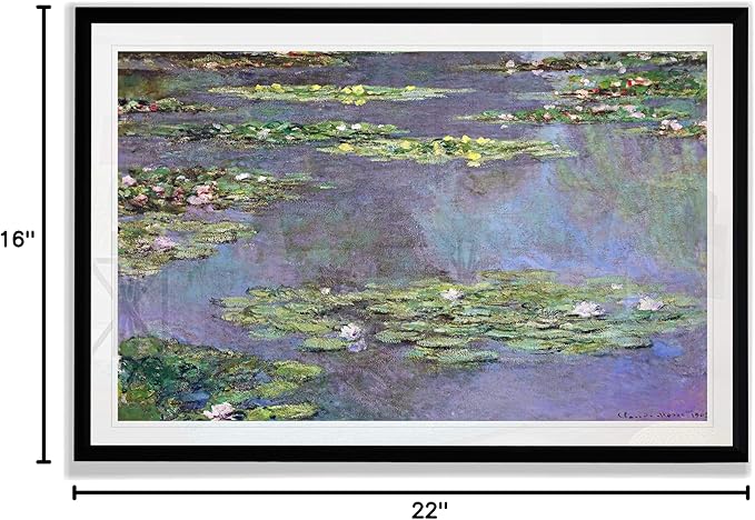 Water Lilies, 1905 01 By Claude Monet Fine Giclee Prints Wall Art In Premium Quality Framed Ready to Hang 16X22, Black