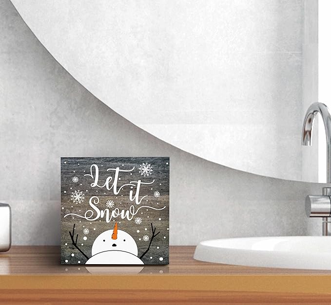SRADMO Let It Snow Christmas Wooden Sign Desk Decor, Snowman Christmas Decor, Rustic Winter Snowflake Wood Block Signs for Home Office Xmas Party Holiday Desk Table Shelf Decorations, 5x5 Inches