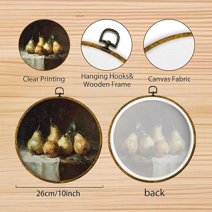 Hiuwevt Vintage Rustic Pear Fruit Kitchen Round Wall Art Decor, Farmhouse Country Framed Canvas Prints, Retro Pear Fruit Round Wall Hanging Decor for Kitchen Dining Room Decorations, 10x10 Inches