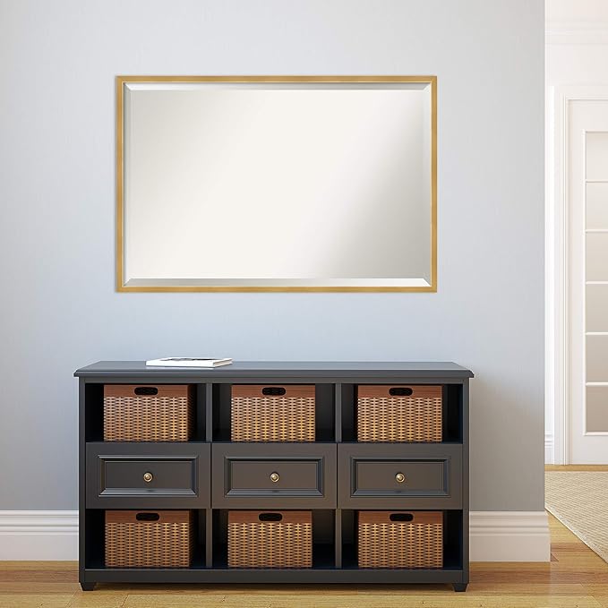 Amanti Art Gold Wall Mirror 25x37 Svelte Polished Gold Rectangle Bathroom Mirror for Wall Decor Living Room, Large Modern Wood Frame, Hangs Horizonally and Vertically, Bathroom Decor, Beveled Edge