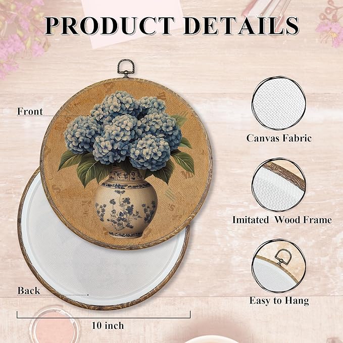 FUGWN Vintage Chinoiserie Vase Hydrangea Floral Round Wall Art Decor Framed, Grandmillennial Floral Canvas Artwork Print, Retro Flower Wall Hanging Decorations for Home Bedroom Gallery, 10x10 Inch