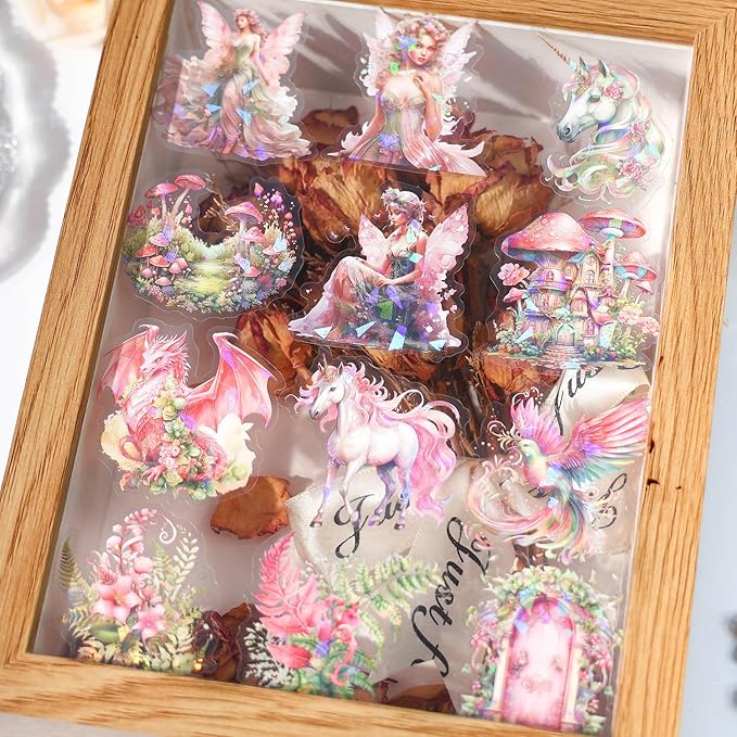 180PCS Fantasy Forest Witch Fairy Stickers – Aesthetic Dragon, Unicorn Clear Scrapbooking Supplies for Journaling, Resin Crafts, Watercolor Cryptid, Nature Decals for Planners & Notebooks