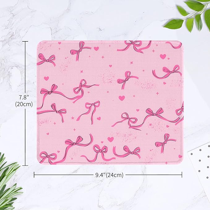 Seorsok Square Aesthetic Ribbon Bows&Shining Stars and Love Mouse Mat Premium Textured Mouse Pads for Office Laptop,Washable Square Mousepads with Extended Stitched Edges Non Slip Rubber Base,Pink