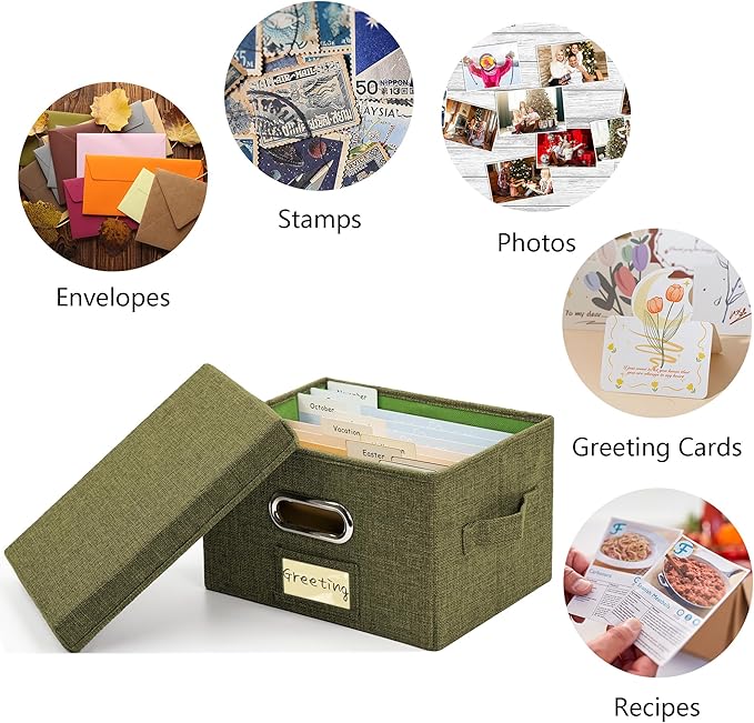 Greeting Card Organizer and Storage Box with 40 Pcs Adjustable Dividers, Storing Cards with 168 Pcs Labels Perfect for Storing Greeting Cards, Envelopes, Photos 2 Pack Olive Green