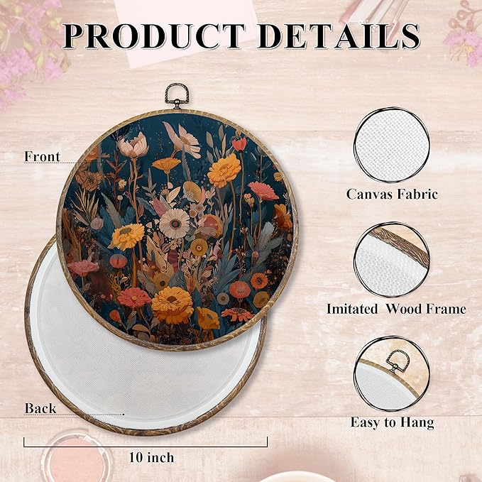 FUGWN Vintage Floral Round Wall Art Decor Framed, Cottagecore Floral Botanical Canvas Artwork Prints, Boho Colorful Wildflowers Wall Hanging Decorations for Home Bedroom Living Room, 10x10 Inch