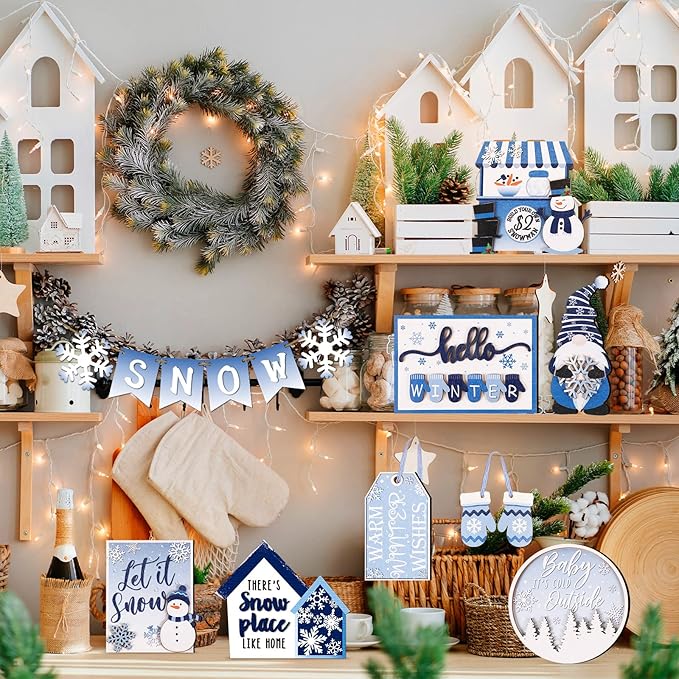 Kajaia 15 Pcs Christmas Tiered Tray Decor Winter Tiered Tray Decorations Set Snowman Snowflake Gingerbread Man Hot Cocoa Wooden Signs Farmhouse Christmas Table Decorations(Snowflake)