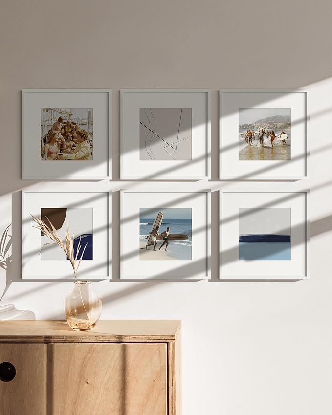 HAUS AND HUES 12x12 White Aluminum Frame Set of 6 - Matted to 8x8, Hanging Hardware, Shatterproof Plexiglass (12x12 in, White)