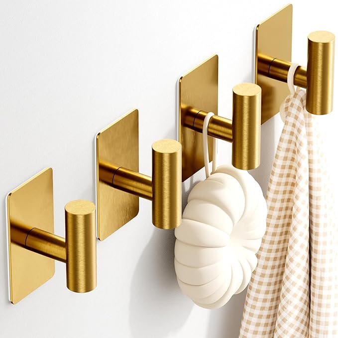 Towel Hooks for Bathrooms – 4 Pack, Brushed Gold Finish, T-Shaped Stainless Steel Adhesive Wall Hooks for Robes & Towels in Kitchen, Shower, or Closet