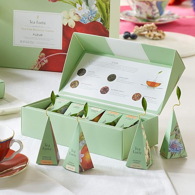 Tea Forte Fleur Petite Presentation Box Tea Gift Set Sampler, 10 Count, 2 of Each Variety Individually Wrapped Handcrafted Pyramid Infuser Bags