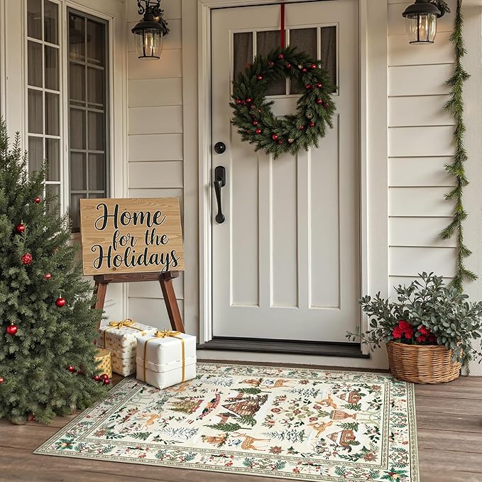 jinchan Christmas Rug 3x5 for Entryway Kitchen Holiday Rug for Bedroom Christmas Tree and Cabin Printed Xmas Decor for Living Room Bathroom Washable Non Slip Decorative Floor Carpet Green on Beige