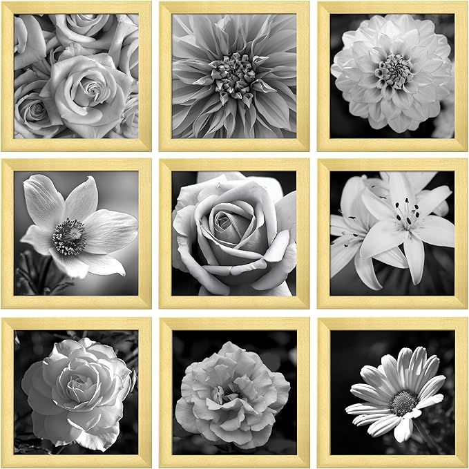 eletecpro 8x8 Picture Frames Set of 9 with Mat for 4x4 Photos or without Mat for 8x8, Square Gallery Wall Decor Collage for Picture Display, Gold Frame Set for Wall Hanging