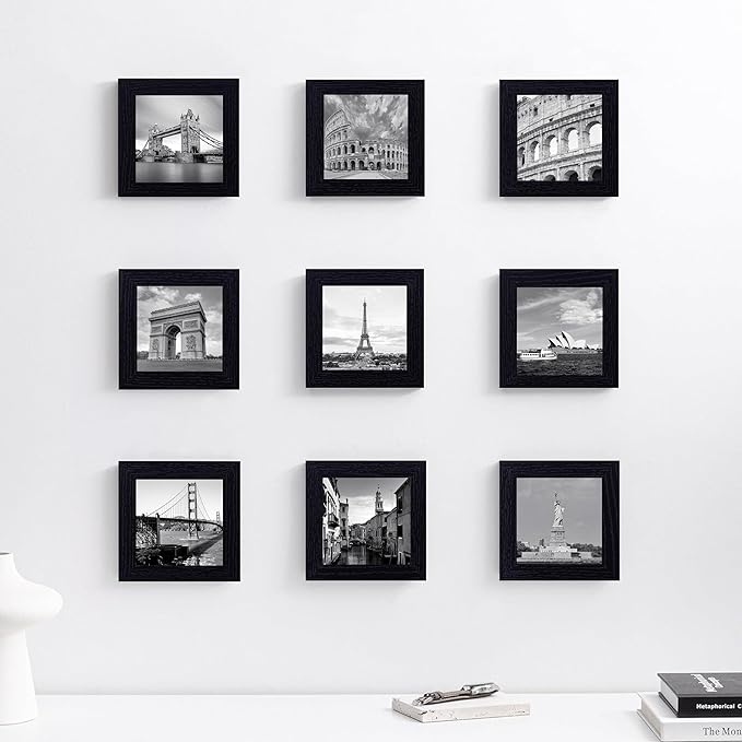 eletecpro 4x4 Picture Frames Set of 9 Classic Gallery Wall Frame Set Displays 4x4 Photo without Mat Square Picture Frames Collage Wall Decor, Black Modern Home Decor for Hanging