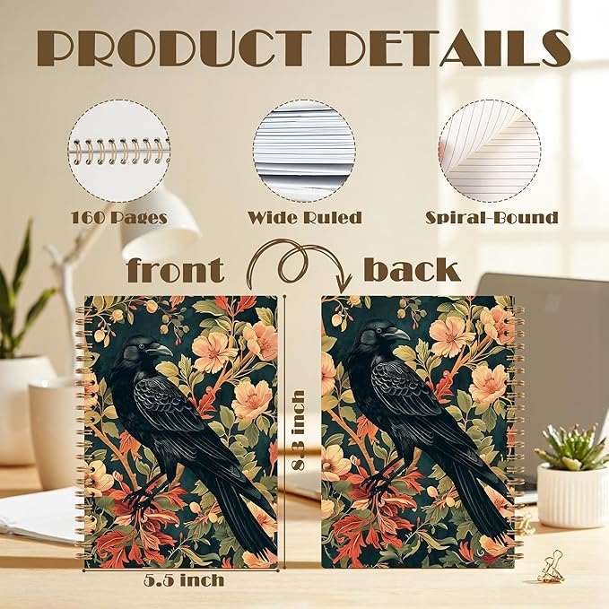 Gothic Dark Crow Notebook, Cottagecore Floral Raven Nature Journal, Raven Gifts for Women, Gothic Dark Academia Witchy Crow Spiral Notebook Journal, Gothic Office Supplies, 5.5x8.3 Inch