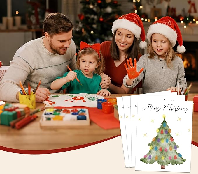 Christmas Tree Fingerprint Art Craft Kit for Family Activities, 10 Pcs Christmas Crafts Bulk DIY Handprint Card Making, Funny Finger Painting Keepsake Gift for Mom Dad Grandma Grandpa