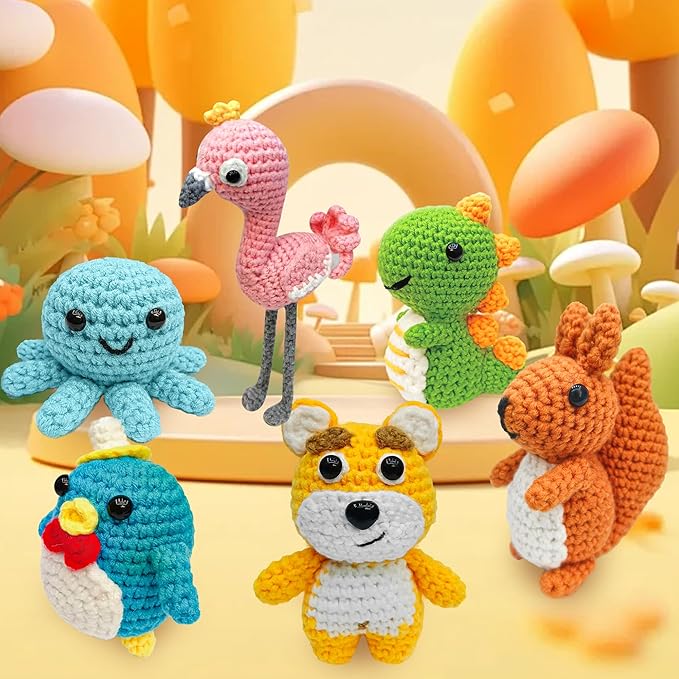 FHFTHYH 6Pcs Crochet Kit for Beginners, DIY Craft for Adults and Kids, Great Gift for Crochet Lovers, Crocheting Animal Kits with Step by Step Videos,Yarn,Crochet Hook,Birthday Holiday Gift