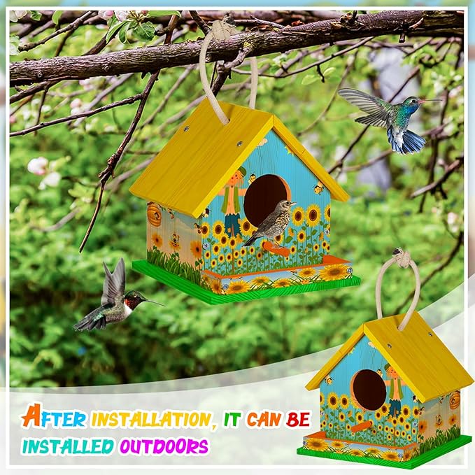 Liliful 2 Sets Wooden DIY Birdhouse Kit Unfinished Bird Houses with Paints and Paintbrushes Bird Feeder Craft Arts for Boy or Girl Classroom Activity and Christmas Kids Wooden Craft Gifts