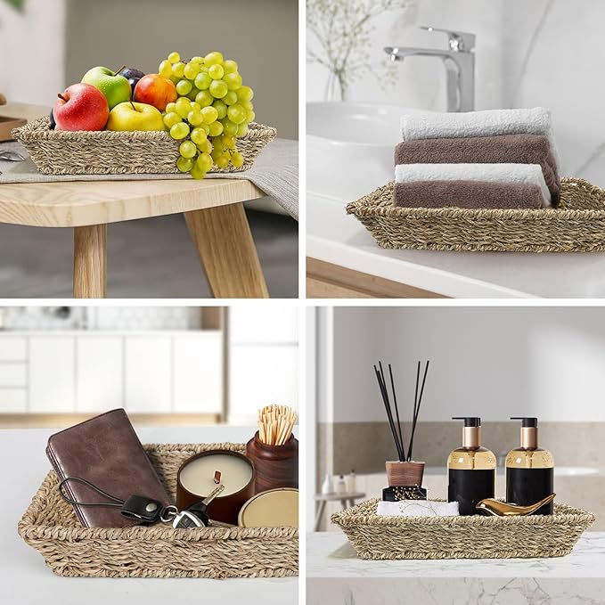 12 Pcs Handmade Woven Coasters for Drinks, Absorbent and Insulating Cotton Coasters with Seagrass Basket Holder set, Boho Perfect for Coffee Table and Home Decor