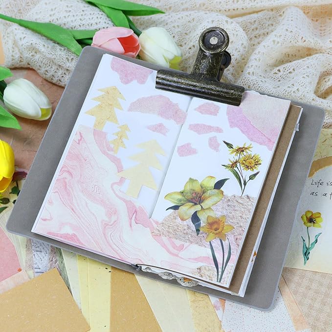 Koqye 215PCS Aesthetic Scrapbook Paper Pack, Junk Journal Supplies Starter Kit with Floral Stickers, Scissor, Quick Dry Glue Pen, Scrapbook Kit for Planner DIY Arts Craft Collage(Tangerine Dream)