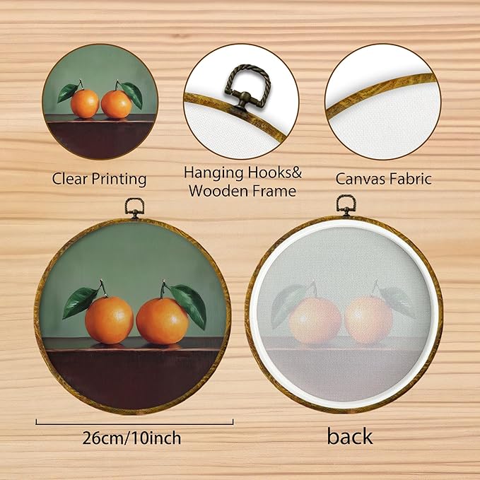 Hiuwevt Vintage Two Oranges Round Wall Art Decor, Retro Citrus Fruits Painting Hanging Canvas Prints Artwork Framed, Mild Green Still Life Circular Wall Decor for Home Living Room, 10x10 Inch