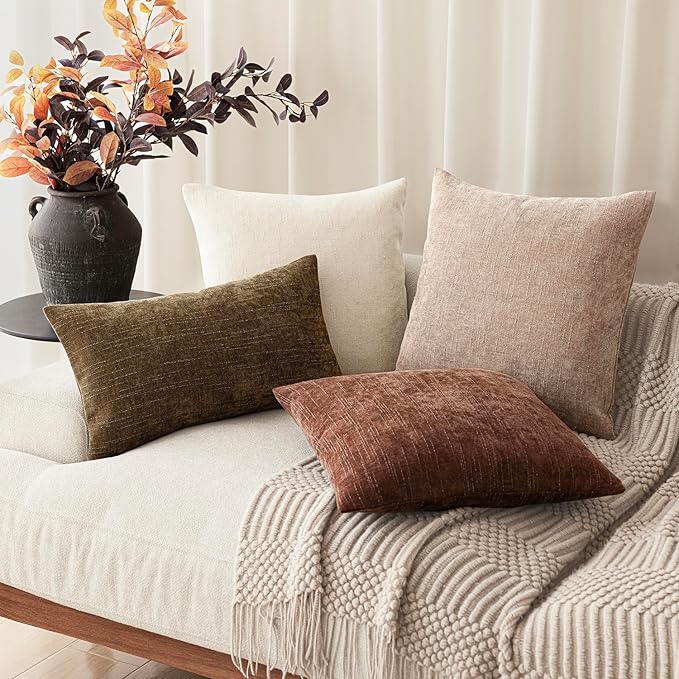 Foindtower Pack of 2 Textured Chenille Throw Decorative Pillow Covers Square Accent Solid Cushion Cover Neutral Farmhouse Lumbar Pillow Case for Couch Sofa Bedroom Living Room 12x24 Inch,Taupe Brown