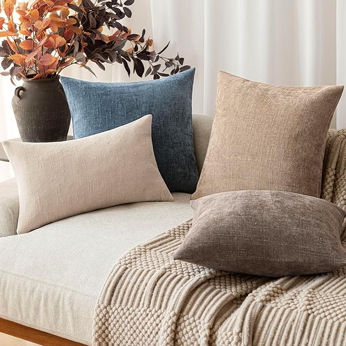 Foindtower Pack of 2 Soft Textured Chenille Throw Decorative Pillow Covers Square Accent Solid Cushion Cover Cozy Neutral Farmhouse Pillow Case for Couch Sofa Bedroom Living Room 22x22 Inch,Blue