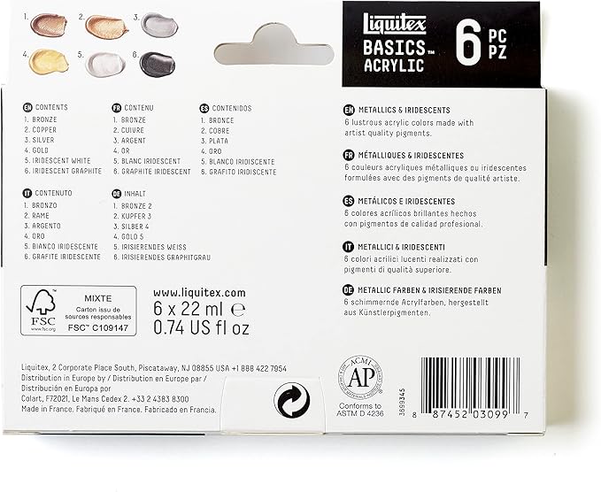 Liquitex BASICS Acrylic Paint Set, 6 x 22ml (0.74-oz) Tube Paint Set, Metallic & Iridescent