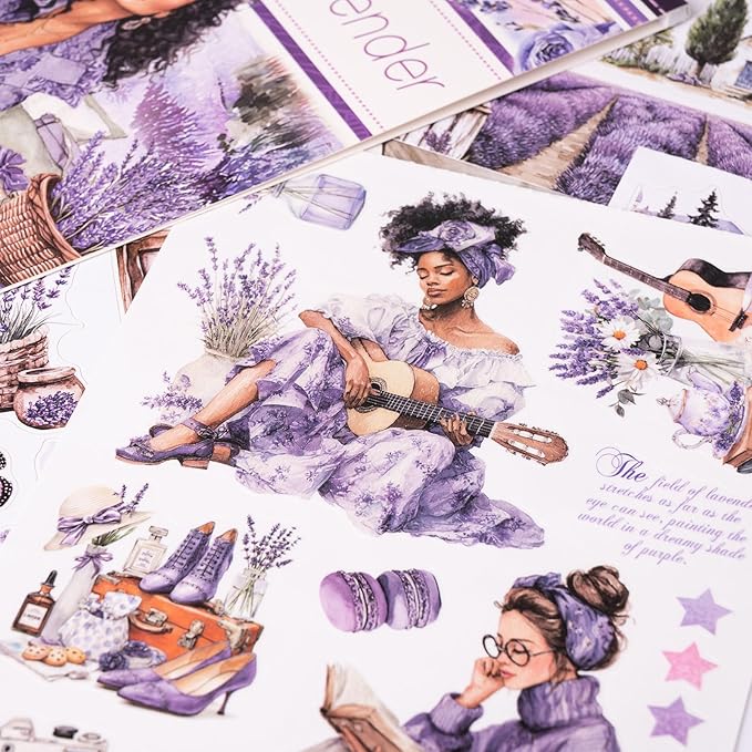 Junk Journal Sticker Book, Lavender Journaling Stickers, Purple Scrapbook Supplies, Pre-Cut Aesthetic Scrapbooking for Adults, Decorative Ephemera Bullet Planner DIY Arts Craft Collage