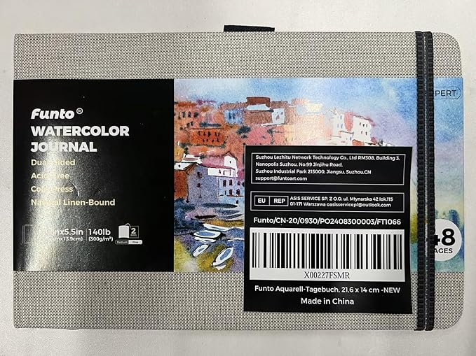 Funto Watercolor Journal, 8.5x5.5, 48 Pages, Cold-Pressed, Inner Paper Pocket and Elastic Band, Art Supplies for Mixed Media