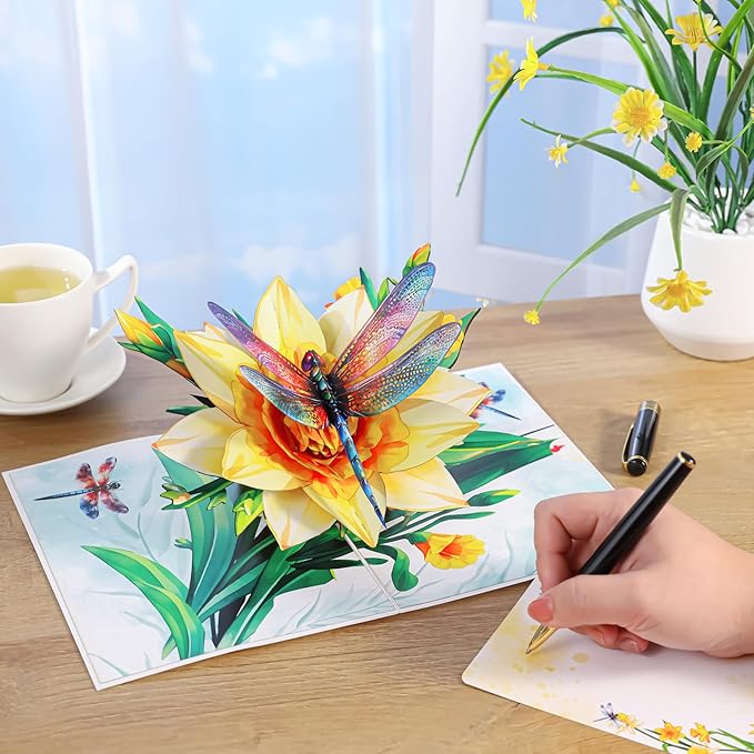Dragonfly & Daffodils Flower Pop Up Card, 3D Birthday Card for Women, Mom, Gift for Birthday, Mothers Day, Valentines, Thank You, All Occasion for Her, Wife, Grandma, Sister, Daughter, Girlfriends