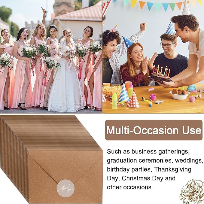 Gueevin 200 Pcs Thank You Cards with Kraft Envelopes and Stickers Bulk, 3.5 x 5 Inch Classy Blank Thank You Notes for Wedding, Business, Graduation, Baby Shower, Bridal Shower, Funeral (Khaki)