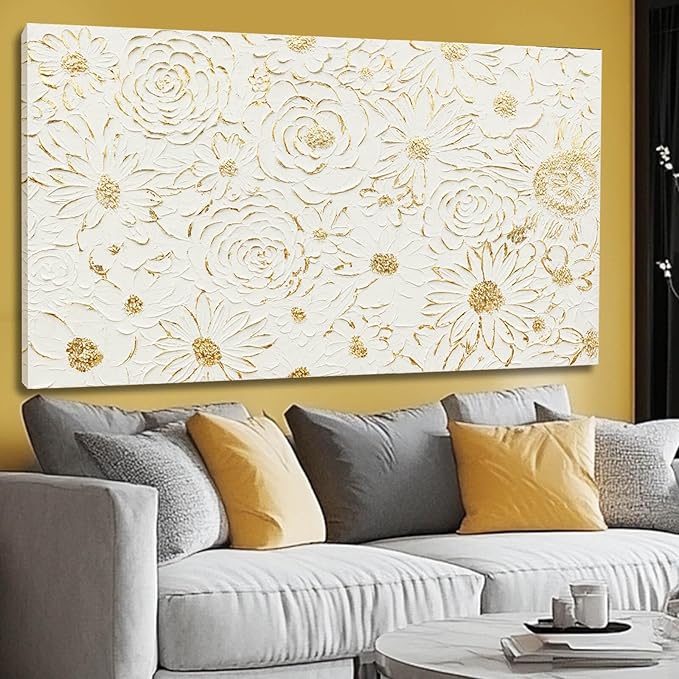 YJYart Floral Wall Decor White and Gold Decorations Simple Wall Art 24"x48" Office Wall Pictures Oil Paintings for Bedroom