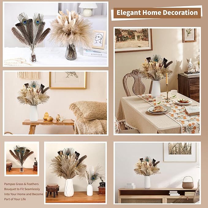 Bpole 2-in-1 Pampas Grass Decor - 100pcs Dried Pampas Grass with Natural Feathers Boho Flowers Arrangement for Vase,Home Wedding Party Centerpiece and Rustic Farmhouse Decor