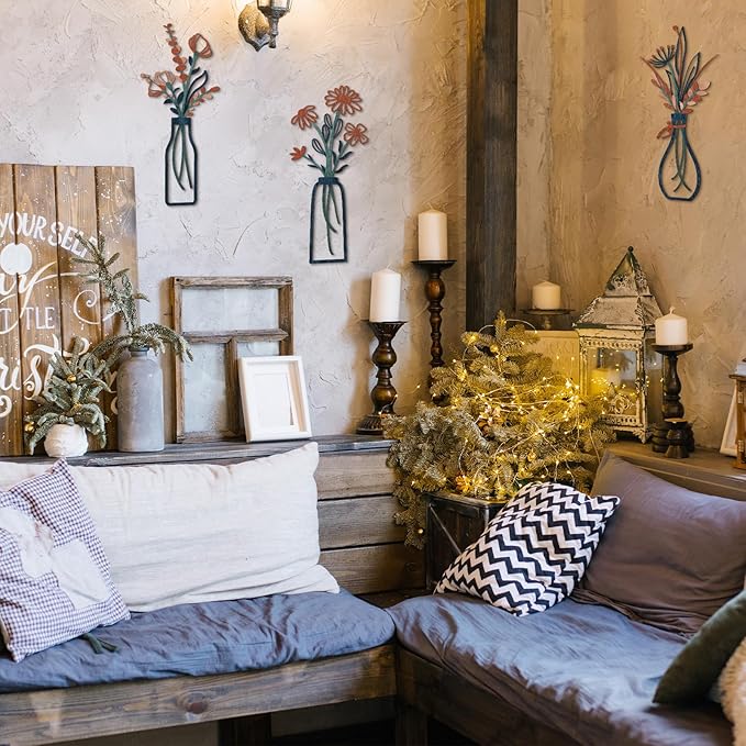 Pigort 3 Pieces Metal Flowers Wall Arts - Rustic Farmhouse Decor Minimalist Flower Wall Decors for Living Room Bathroom Bedroom Dining Room-Housewarming Gifts