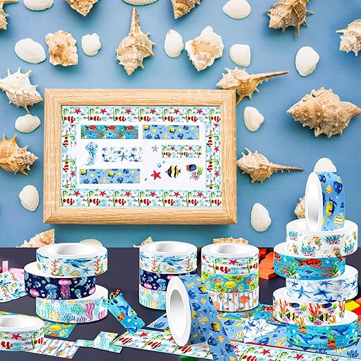 12 Rolls Blue Ocean Washi Tape, Underwater World Masking Tapes, Sea Animal Cartoon Decorative Tape for Arts, DIY Crafts, Journals, Planners, Scrapbook, Wrapping 16.4FT