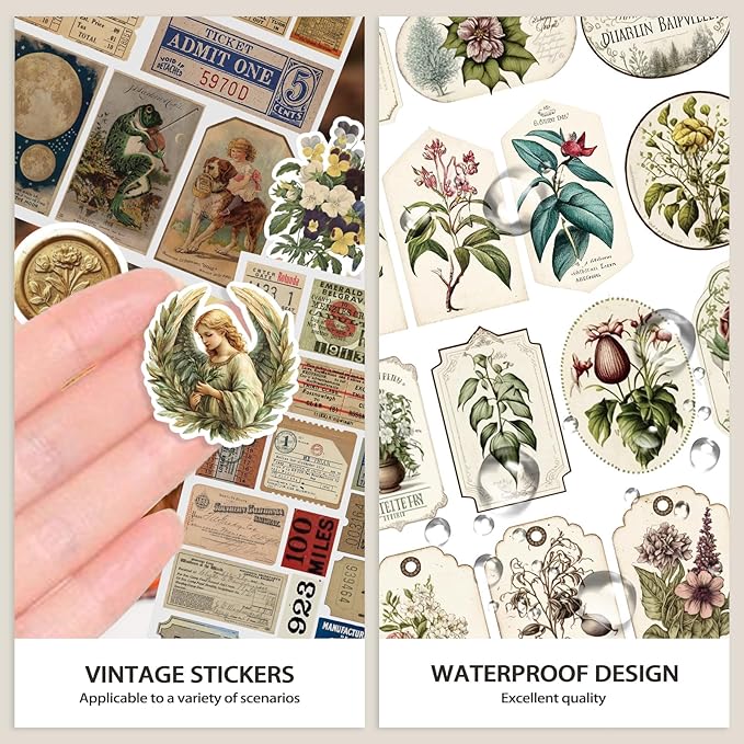 Vintage Sticker Book, 32 Sheets 496 Pcs Vintage Aesthetics Stickers & 20 Sheets Washi Paper for Journaling Scrapbooking Bullet Journals Planners Letter Card Making