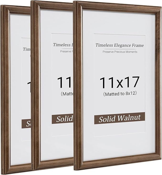 Heimlove 11x17 Picture Frame,11 x 17 Natural Solid Walnut Wood Frame Matted to 8x12 with Tempered Glass,11"x14" Handcrafted wood Poster Frame,Vertical or Horizontal Wall Hanging Display,3 Pack