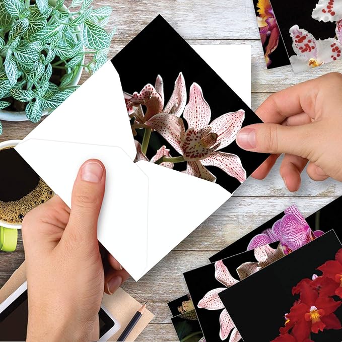 The Best Card Company - 10 Blank Note Cards with Flowers (4 x 5.12 Inch) - Floral Notecards, All Occasion Boxed Assortment - Orchid Nights M1734BN