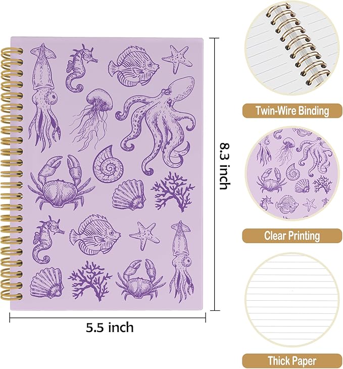 Purple Journal Notebook - Green Ocean Sea Life Coastal Themed Aesthetic Notebooks College Ruled for Office School Classroom, Gifts for Women Girls Kids, Hardcover Spiral Notebook 5.5"x8.3"