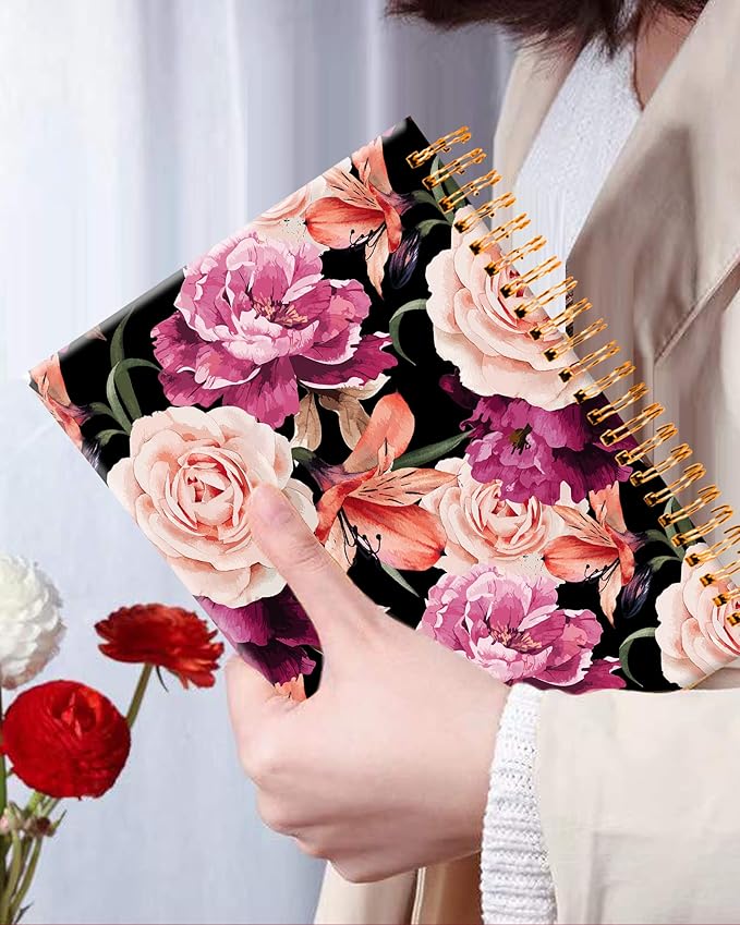 iampanda Spiral Journal Notebook,Strong Twin-Wire Binding with Premium Paper for Girl Women,Fashion 60 Sheets A5 College Ruled Notebook/Journal,Perfect for School Office Home Gifts,Black Pink Rose