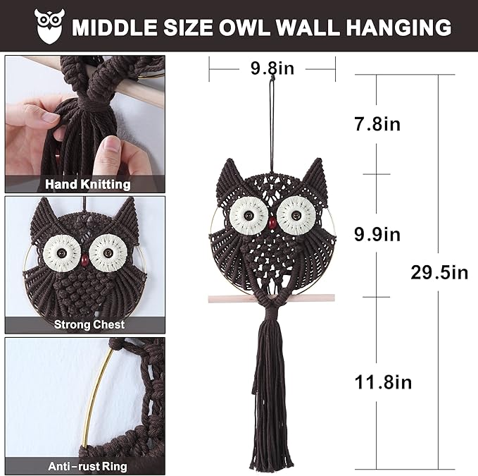 MVSUTA Owl Chocolate Cotton Handmade Macrame Wall Hanging Tapestry Home Decor Art and Bronze Craft Wonderful Decoration Woven Boho Ornament for Office Bedroom Apartment Living Nursery Gallery,1pc