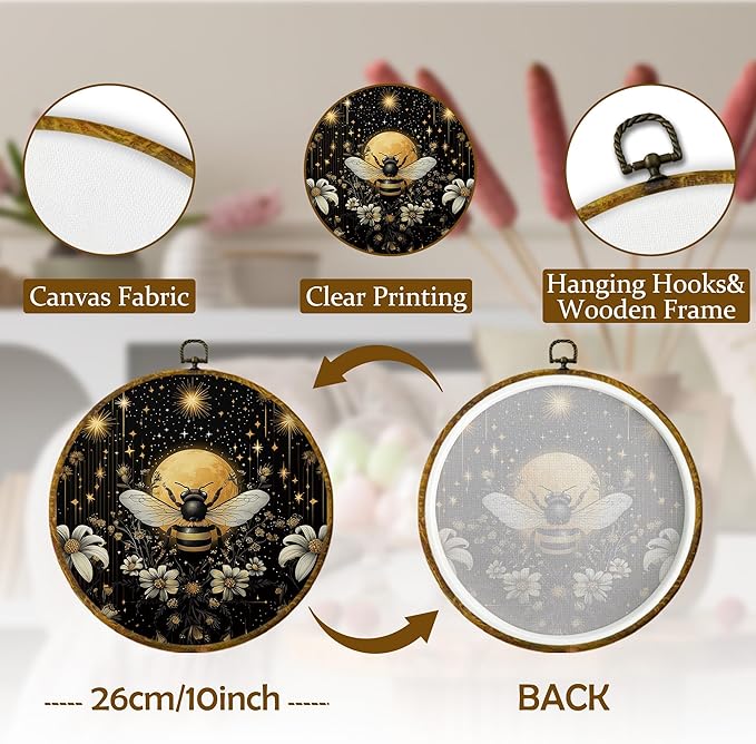 Mcehtle Vintage Bee and Moon Wall Art Decor, Moody Honey Bee Cottagecore Dark Framed Canvas Prints 10x10, Boho Academia Insect Round Wall Hanging Artwork Decorations for Gallery Bedroom Living Room