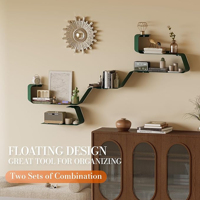 Floating Shelves, Wall Shelf Decor, Set of 3 Mounted Metal Shelves with Unique Design for Wall Storage, Book Shelf, Display Shelves for Bathroom Bedroom Kitchen Living Room for Home Green