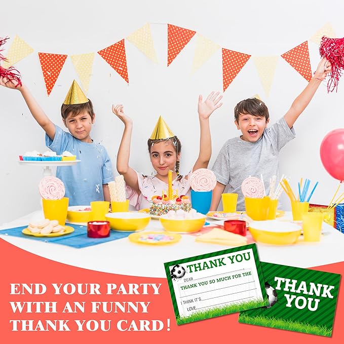 Soccer Kids Thank You Cards, Football Thank You Card For Soccer Birthday Party, Kids Birthday Cards Fill In The Blank, 20 Pack Green Greeting Cards With Envelopes For Boys And Girls, 007