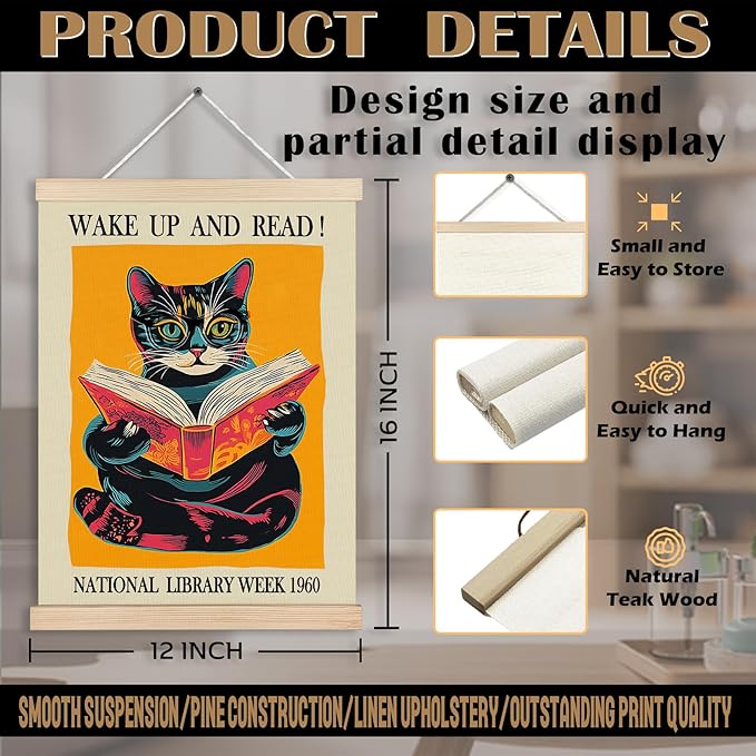 Vintage Cat and Book Wall Art, Book Posters, Library Reading Nook Decor, Wake Up and Read Cat Reading Canvas Wall Art Poster Hanger Frame for Reading Room Corner Classroom Decor, 12x16 Inch