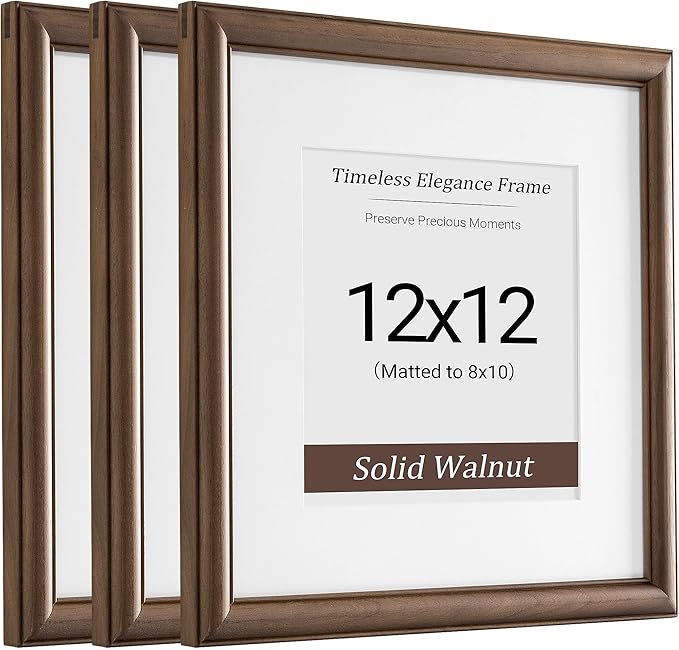Heimlove 12x12 Picture Frame,12 x 12 Natural Solid Walnut Wood Square Frame with Tempered Glass,12"x12" Handcrafted Wood Frame Matted to 8x8 Photos for Wall Hanging Art Photo and Prints,3 Pack