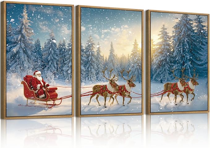 Framed Christmas Wall Art Santa Claus Wall Art Santa Winter Artwork for Living Room Bedroom Dining Room 24x36 Inches Set of 3