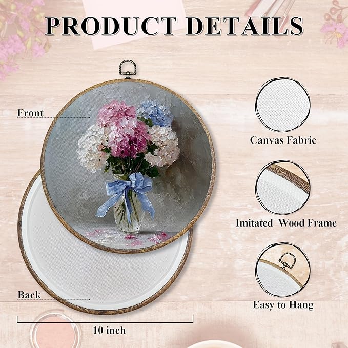 FUGWN Vintage Hydrangea Floral Round Wall Art Decor Framed, Cottagecore Floral Canvas Artwork Prints, Rustic Blue Pink White Flower Wall Hanging Decorations for Home Bedroom Living Room, 10x10 Inch