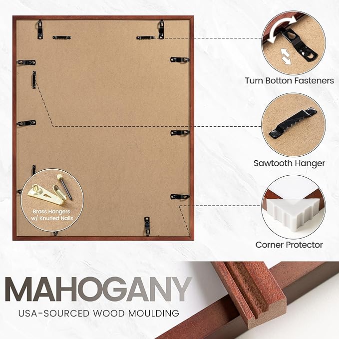 12x16 Picture Frame, USA-Sourced Natural Mahogany Wood Photo Collage Frame with HD Tempered Glass, Modern Simple 12 x 16 Wooden Frame Matted to 8.5x11, Vertical & Horizontal Wall Hanging Display