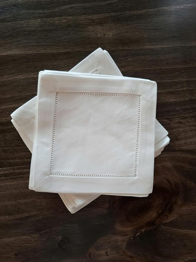 White Cocktail Napkins, White Linen Blend Cocktail Napkins Hemstitch 6x6 Set of 50 Cocktail Napkin, Linen Blend Cloth Coasters, Elegant Reusable Beverage Napkins for Wedding, Party and Entertaining